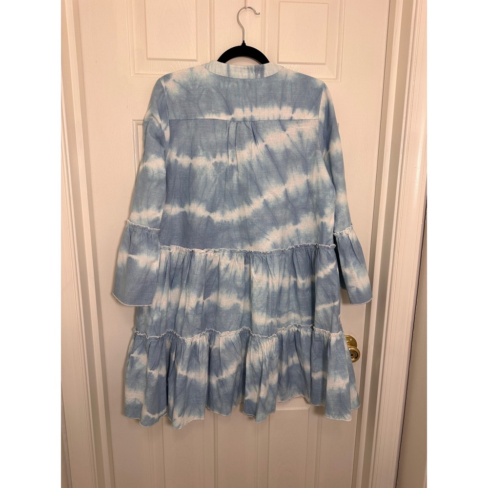 Faherty Vida Tie Dye Dress Faded Blue Organic Cotton Tiered Bell Sleeve - Picture 5 of 6